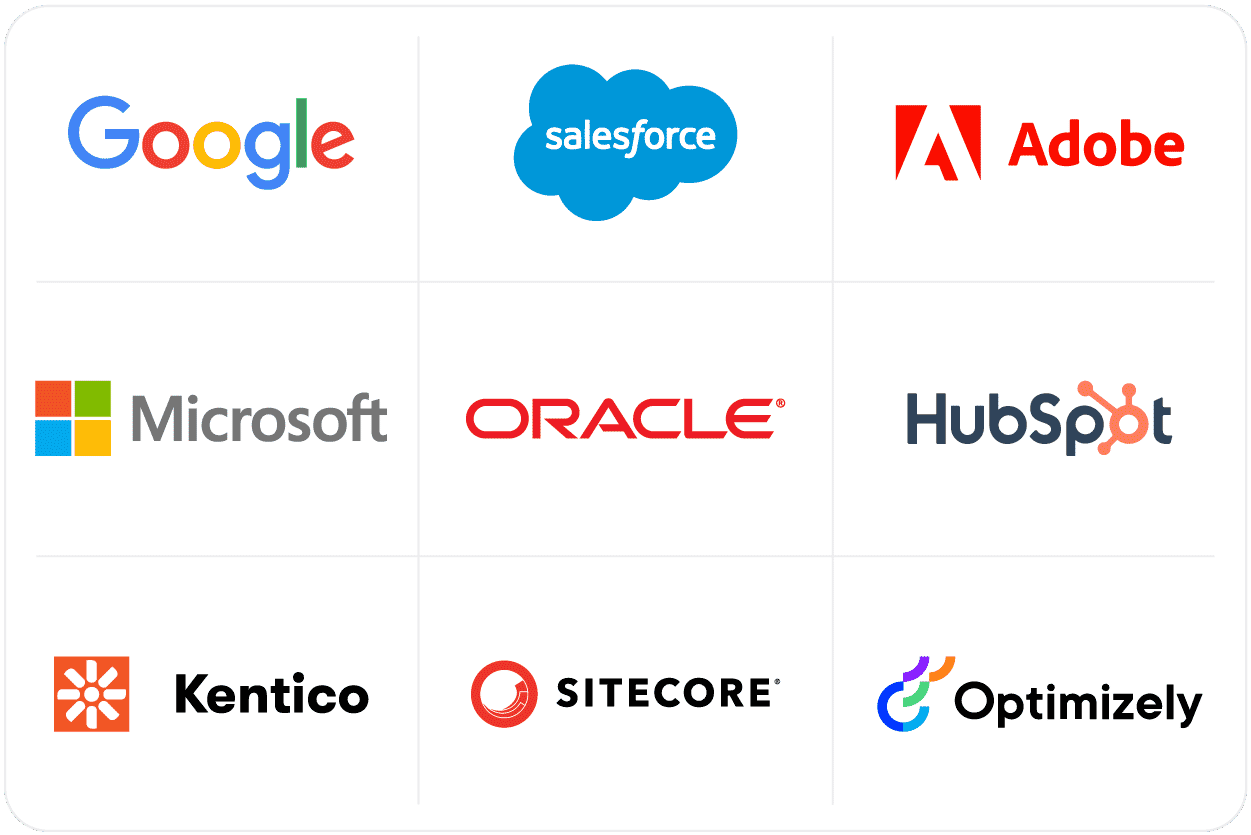 The MarTech vendors in Australia: Google, Hubspot, Salesforce, Adobe, Microsoft, Oracle, Kentico, Optimizely, and Sitecore.