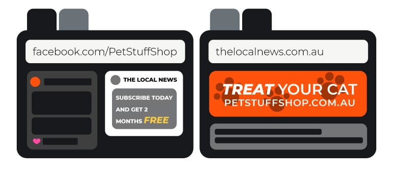 An illustration of two browser tabs. One displays 'Pet Stuff Shop' FB page with a Local News ad, and the other is the Local News website with a Pet Stuff Shop ad.